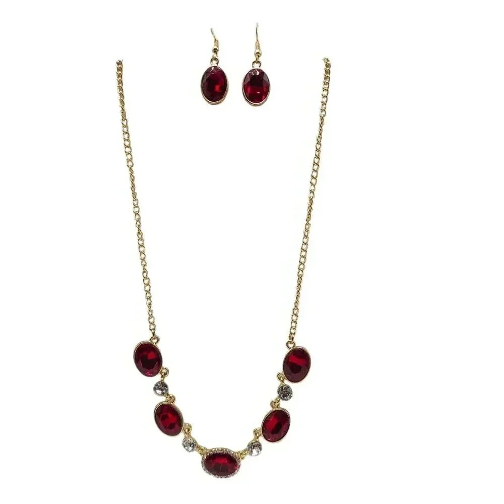 Red Stone Crystal Statement Necklace Dangle Drop Earrings Set Vintage